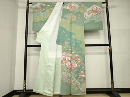 平和屋着物●訪問着　地紙鴛鴦御所車花文　金彩　正絹　逸品　AABI5150ck