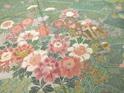 平和屋着物●訪問着　地紙鴛鴦御所車花文　金彩　正絹　逸品　AABI5150ck