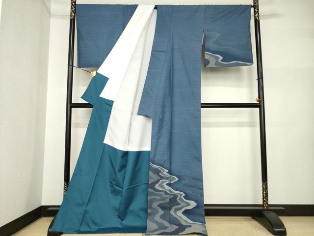 平和屋着物●京の名門　じゅらく謹製　紬　訪問着　漢方草木染　流水文　ロング丈　正絹　逸品　AABI5151ck