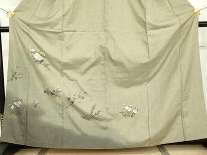 平和屋着物●訪問着　紬地　手描き　枝花文　金彩　正絹　逸品　AABI5161cs