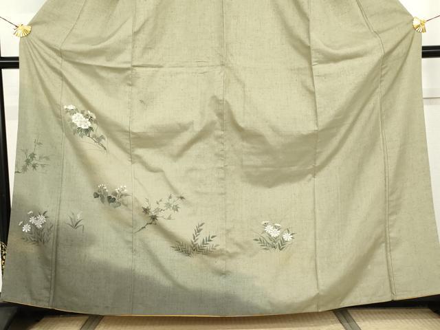 平和屋着物●訪問着　紬地　手描き　枝花文　金彩　正絹　逸品　AABI5161cs