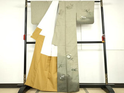 平和屋着物●訪問着　紬地　手描き　枝花文　金彩　正絹　逸品　AABI5161cs