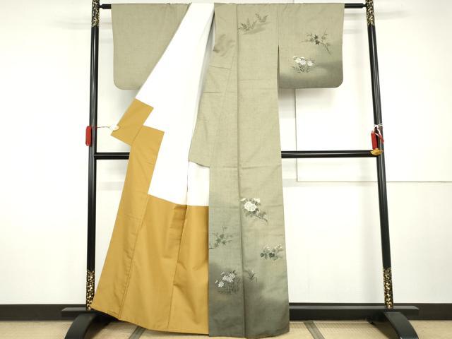 平和屋着物●訪問着　紬地　手描き　枝花文　金彩　正絹　逸品　AABI5161cs