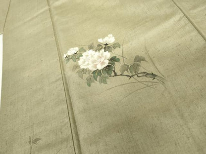 平和屋着物●訪問着　紬地　手描き　枝花文　金彩　正絹　逸品　AABI5161cs