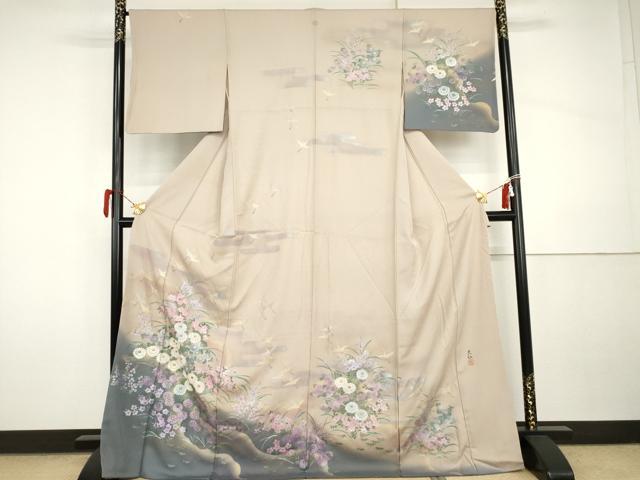 平和屋着物●訪問着　作家物　大仙　飛鶴草花文　暈し染め　金銀彩　ロング丈　正絹　逸品　AABI5165cs