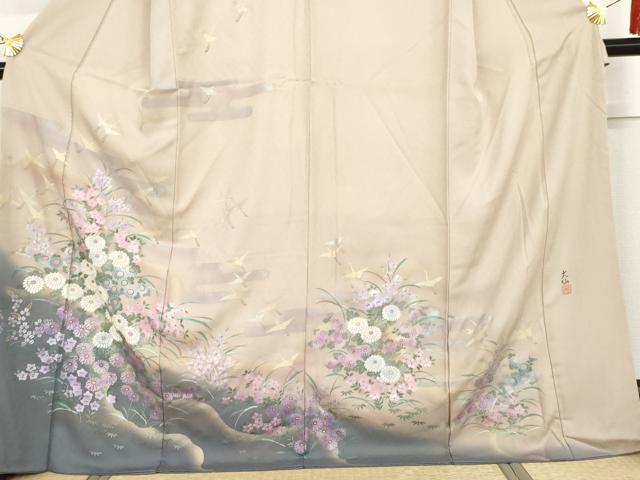 平和屋着物●訪問着　作家物　大仙　飛鶴草花文　暈し染め　金銀彩　ロング丈　正絹　逸品　AABI5165cs