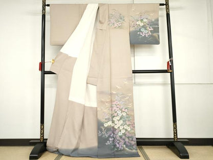 平和屋着物●訪問着　作家物　大仙　飛鶴草花文　暈し染め　金銀彩　ロング丈　正絹　逸品　AABI5165cs