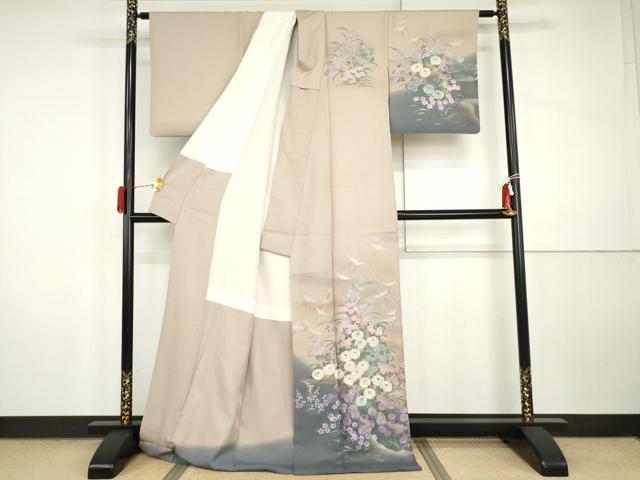 平和屋着物●訪問着　作家物　大仙　飛鶴草花文　暈し染め　金銀彩　ロング丈　正絹　逸品　AABI5165cs