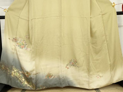 平和屋着物●訪問着　中国三大刺繍　汕頭刺繍　スワトウ刺繍　エ霞草花文　暈し染め　金彩　正絹　逸品　AABI5170cs