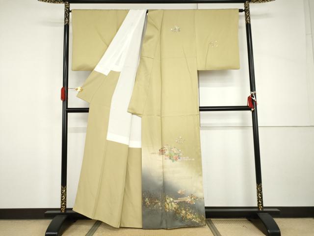 平和屋着物●訪問着　中国三大刺繍　汕頭刺繍　スワトウ刺繍　エ霞草花文　暈し染め　金彩　正絹　逸品　AABI5170cs