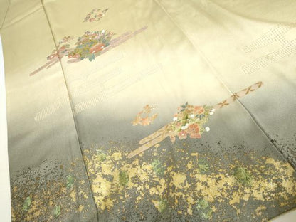 平和屋着物●訪問着　中国三大刺繍　汕頭刺繍　スワトウ刺繍　エ霞草花文　暈し染め　金彩　正絹　逸品　AABI5170cs