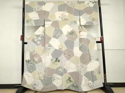 平和屋着物●訪問着　切嵌草花文　鬼しぼ縮緬　正絹　逸品　AABI5171cs