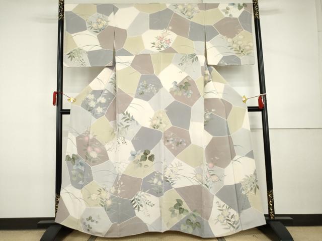 平和屋着物●訪問着　切嵌草花文　鬼しぼ縮緬　正絹　逸品　AABI5171cs