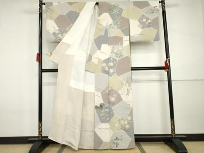 平和屋着物●訪問着　切嵌草花文　鬼しぼ縮緬　正絹　逸品　AABI5171cs