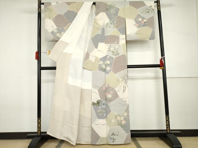 平和屋着物●訪問着　切嵌草花文　鬼しぼ縮緬　正絹　逸品　AABI5171cs