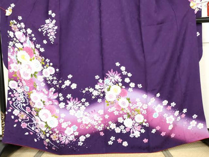 平和屋着物●豪華振袖　流水草花文　暈し染め　京都きもの友禅扱い　正絹　逸品　AABI5180cs