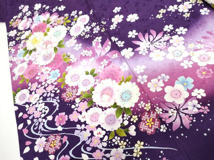 平和屋着物●豪華振袖　流水草花文　暈し染め　京都きもの友禅扱い　正絹　逸品　AABI5180cs