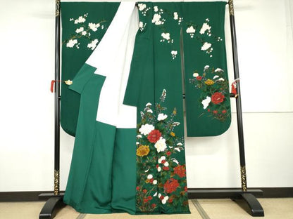 平和屋着物●豪華振袖　手描き　枝花文　金彩　鬼しぼ縮緬　正絹　逸品　AABI5183cs