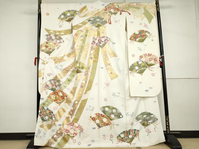 平和屋着物●豪華振袖　友禅　駒刺繍　束ね熨斗花扇文　金彩　正絹　逸品　AABI5184cs