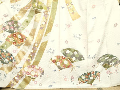 平和屋着物●豪華振袖　友禅　駒刺繍　束ね熨斗花扇文　金彩　正絹　逸品　AABI5184cs