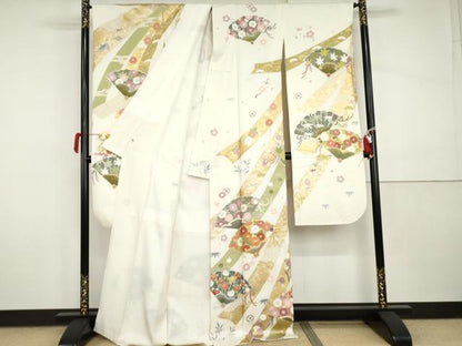 平和屋着物●豪華振袖　友禅　駒刺繍　束ね熨斗花扇文　金彩　正絹　逸品　AABI5184cs