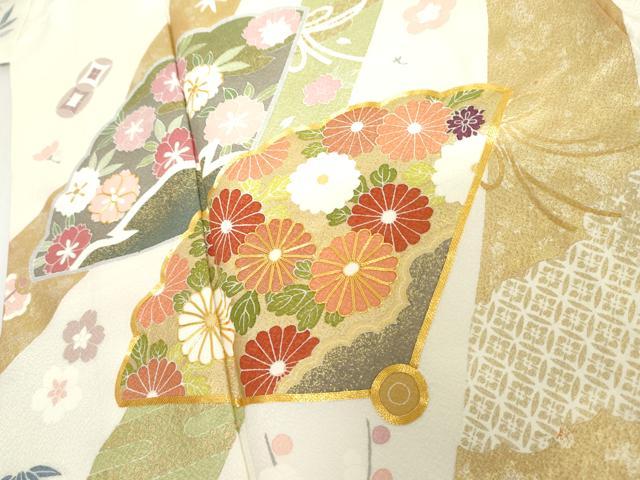 平和屋着物●豪華振袖　友禅　駒刺繍　束ね熨斗花扇文　金彩　正絹　逸品　AABI5184cs