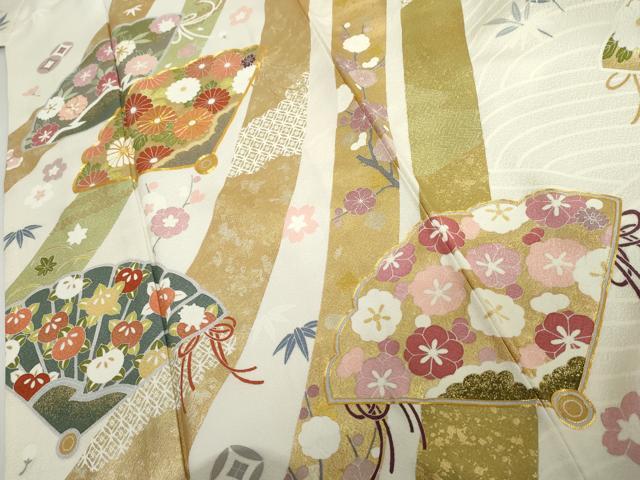 平和屋着物●豪華振袖　友禅　駒刺繍　束ね熨斗花扇文　金彩　正絹　逸品　AABI5184cs