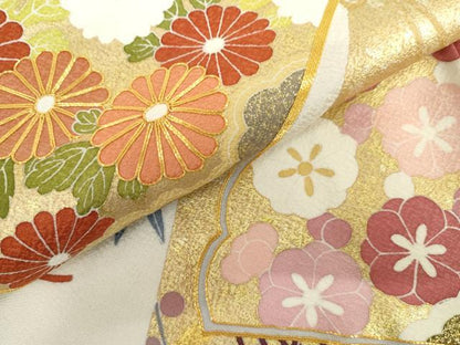 平和屋着物●豪華振袖　友禅　駒刺繍　束ね熨斗花扇文　金彩　正絹　逸品　AABI5184cs
