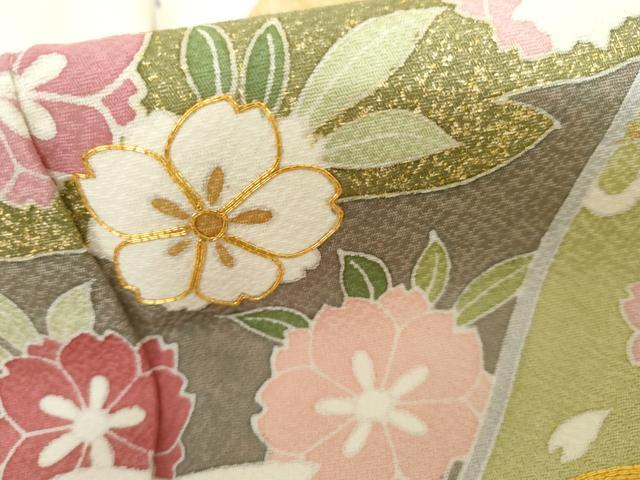 平和屋着物●豪華振袖　友禅　駒刺繍　束ね熨斗花扇文　金彩　正絹　逸品　AABI5184cs