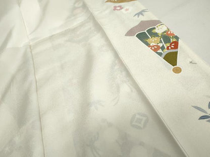 平和屋着物●豪華振袖　友禅　駒刺繍　束ね熨斗花扇文　金彩　正絹　逸品　AABI5184cs