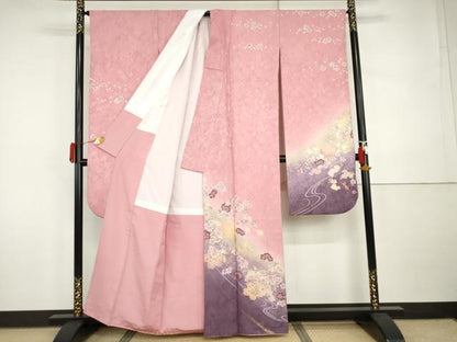 平和屋着物●豪華振袖　流水に舞桜文　暈し染め　金彩　正絹　逸品　AABI5200cs