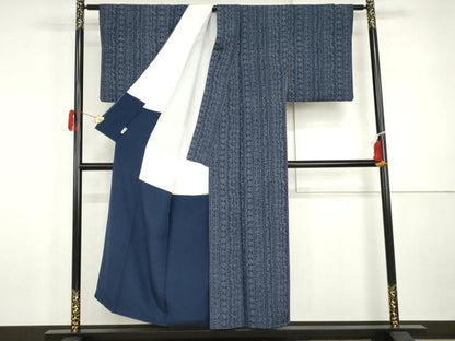 平和屋着物●二代目 川村久太郎　小紋　藍　幾何学花間道　正絹　逸品　AABI5204cs