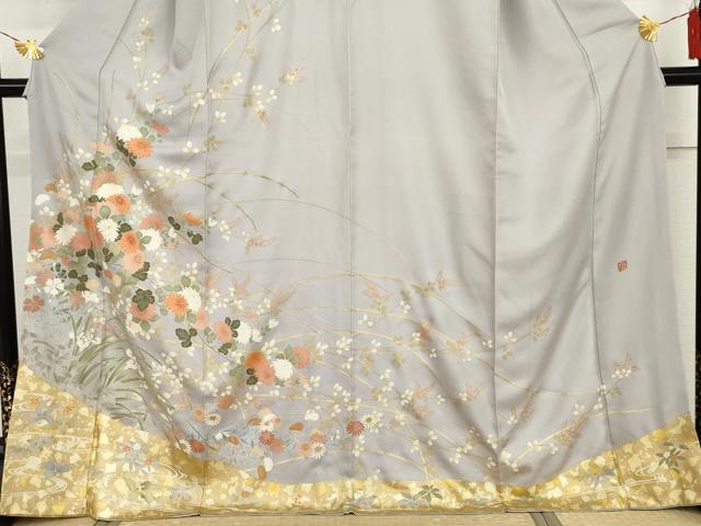 平和屋着物●訪問着　友禅　駒刺繍　伝統工芸　枝花文　金彩　正絹　逸品　AABI5207cs