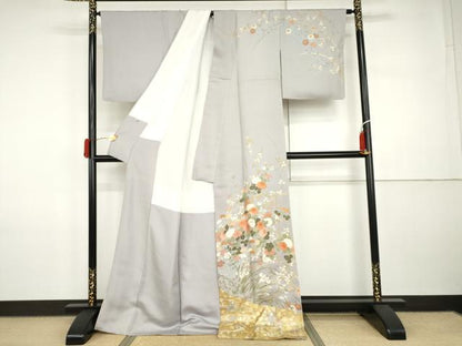 平和屋着物●訪問着　友禅　駒刺繍　伝統工芸　枝花文　金彩　正絹　逸品　AABI5207cs