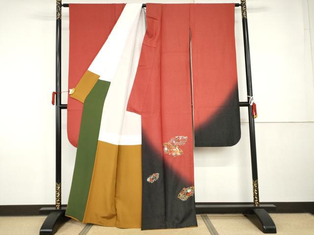平和屋着物●豪華振袖　地紙花蝶文　暈し染め　銀通し地　金糸　正絹　逸品　AABI5210cs