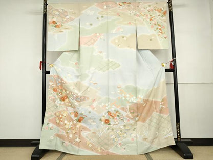 平和屋着物●訪問着　友禅　吉祥草花文　金彩　正絹　逸品　未使用　AABI5212cs