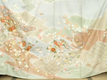 平和屋着物●訪問着　友禅　吉祥草花文　金彩　正絹　逸品　未使用　AABI5212cs