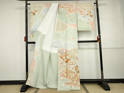 平和屋着物●訪問着　友禅　吉祥草花文　金彩　正絹　逸品　未使用　AABI5212cs