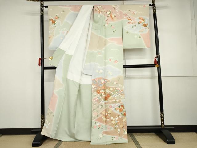 平和屋着物●訪問着　友禅　吉祥草花文　金彩　正絹　逸品　未使用　AABI5212cs