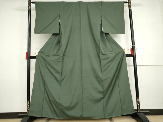 平和屋着物●お召　色無地　老竹色　正絹　逸品　AABI5246cs