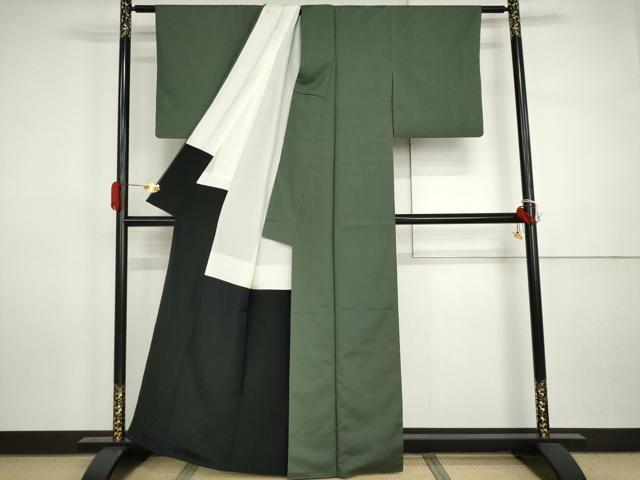 平和屋着物●お召　色無地　老竹色　正絹　逸品　AABI5246cs