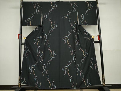 平和屋着物●上質な小紋　幾何学文様　黒地　正絹　逸品　AABI5253cs