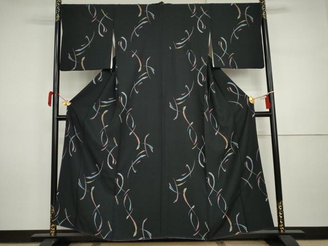 平和屋着物●上質な小紋　幾何学文様　黒地　正絹　逸品　AABI5253cs