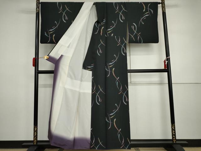 平和屋着物●上質な小紋　幾何学文様　黒地　正絹　逸品　AABI5253cs