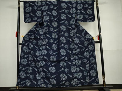 平和屋着物●久留米絣　単衣　番傘　綿　逸品　AABI5257cs