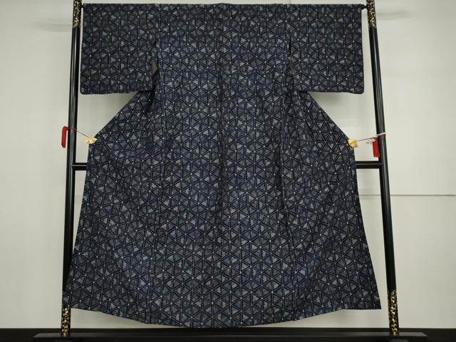 平和屋着物●久留米絣　単衣　幾何学縞文　綿　逸品　AABI5258cs