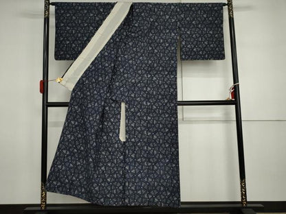 平和屋着物●久留米絣　単衣　幾何学縞文　綿　逸品　AABI5258cs
