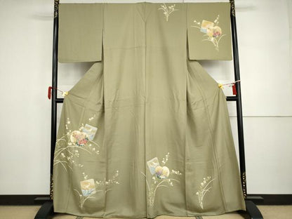 平和屋着物●訪問着　友禅　駒刺繍　色紙飛鶴草花文　金彩　正絹　逸品　未使用　AABI5264cs
