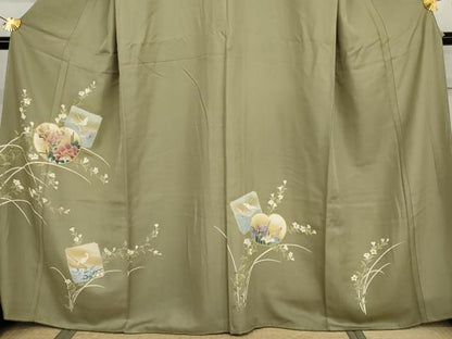 平和屋着物●訪問着　友禅　駒刺繍　色紙飛鶴草花文　金彩　正絹　逸品　未使用　AABI5264cs