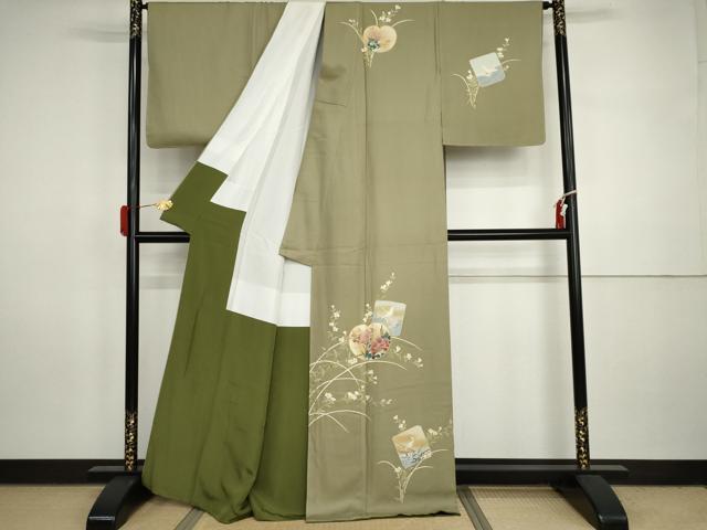 平和屋着物●訪問着　友禅　駒刺繍　色紙飛鶴草花文　金彩　正絹　逸品　未使用　AABI5264cs